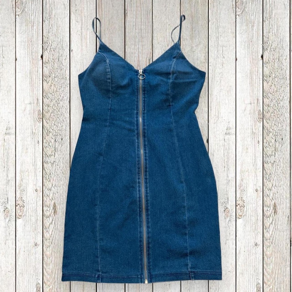 IRIS Womens Large Blue Denim Bodycon Mini Dress Full Zip O Ring Y2K Size L